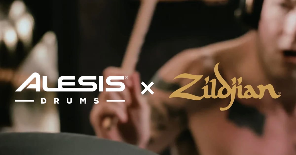 Alesis Drums x Zildjian logos over a drummer playing an electronic kit fitted with a Zildjian cymbal pad