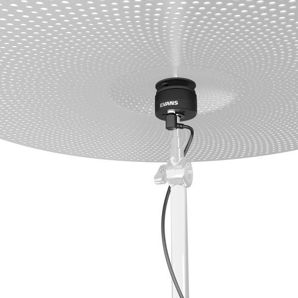 An Evans Hybrid sensor mounted on the stand underneath a perforated dB One low-volume cymbal