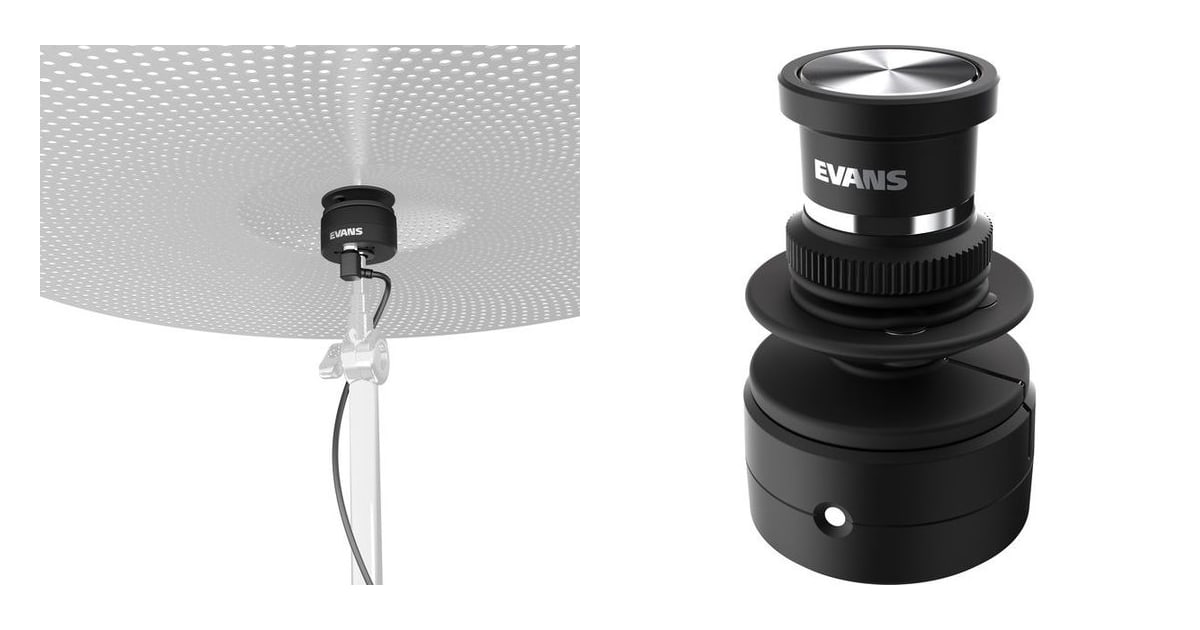 The Evans Hybrid Sensory Percussion cymbal sensor, shown on its own and mounted underneath a low-volume cymbal