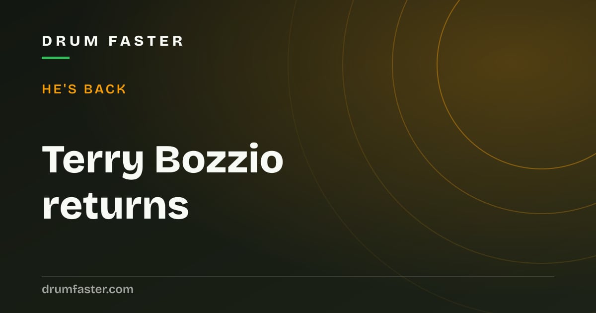 Drum Faster news card about Terry Bozzio's return to touring and the sale of his drum collection