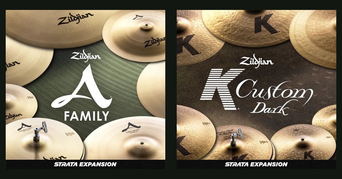 Artwork for the Zildjian A Family and K Custom Dark Strata Expansion sound packs, each showing a spread of Zildjian cymbals behind the series logo
