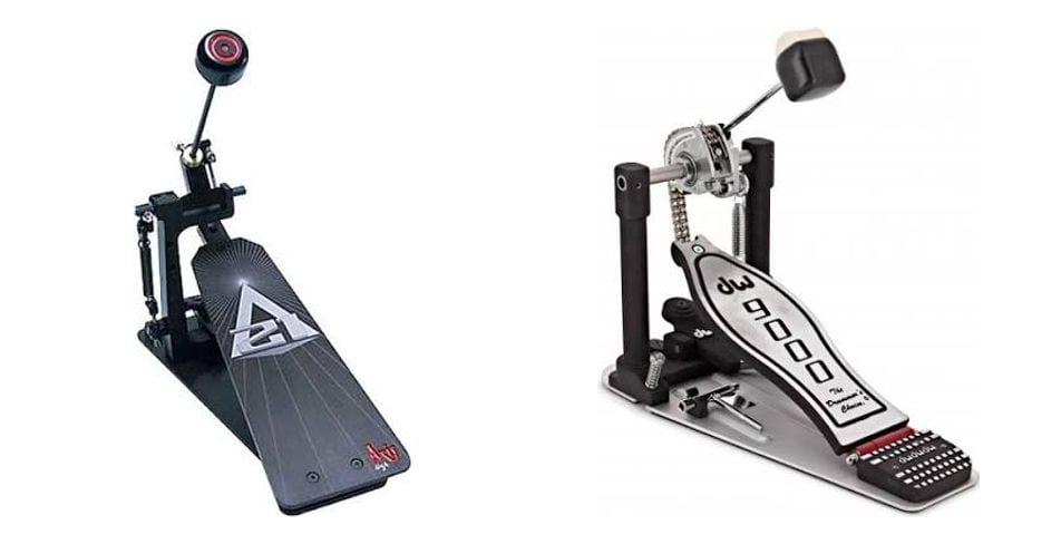 An Axis A21 longboard pedal beside a DW 9000, both from the side: the Axis has a flat full-length board and a solid linkage, the DW a shorter heel-plated board and a chain over the cam