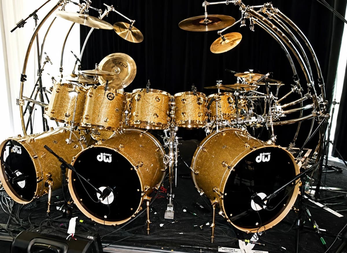The full Immortal tour kit set up backstage in gold sparkle, with three bass drums, a bank of rack toms, floor toms and a curved chrome rack carrying the cymbals