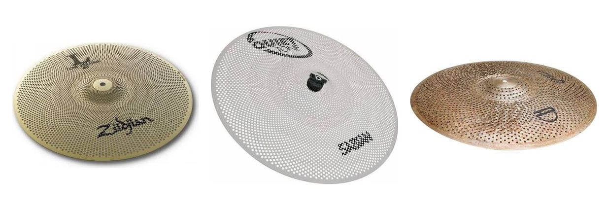 A Zildjian L80, a Sabian Quiet Tone and an Agean R low volume cymbal side by side, showing three different hole patterns and finishes