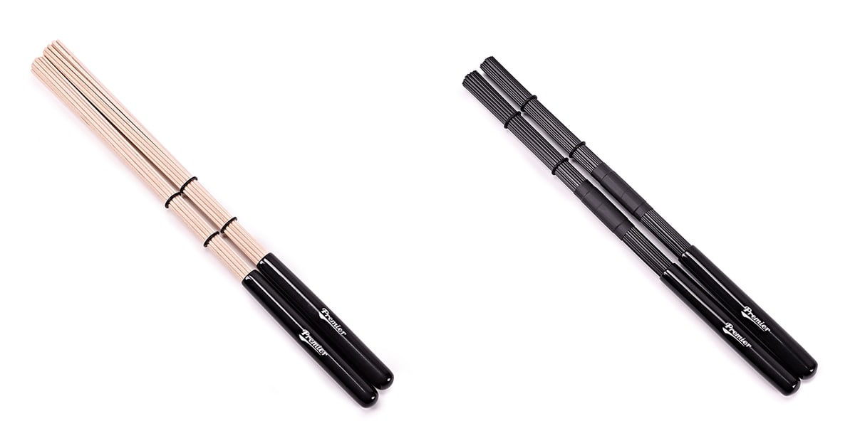 Premier Maple Rods in natural maple and Premier Nylon Rods in black, both bundled with rubber rings and fitted with glossy black Premier handles