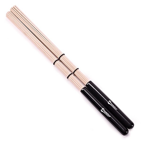 Premier Maple Rods — sixteen natural maple dowels bound with two black rubber rings into a glossy black plastic handle with a white Premier logo