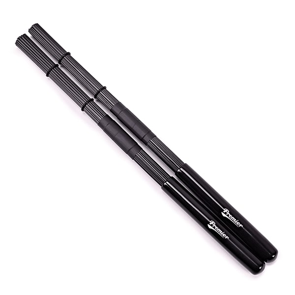 Premier Nylon Rods — a dense bundle of thin black nylon dowels held by four black rubber rings, running into a glossy black Premier handle