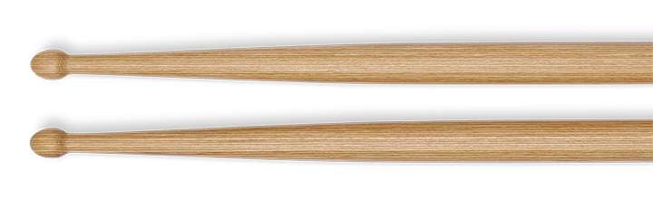 Close-up of the oval tips on a pair of Rohema Nick Petrella drumsticks