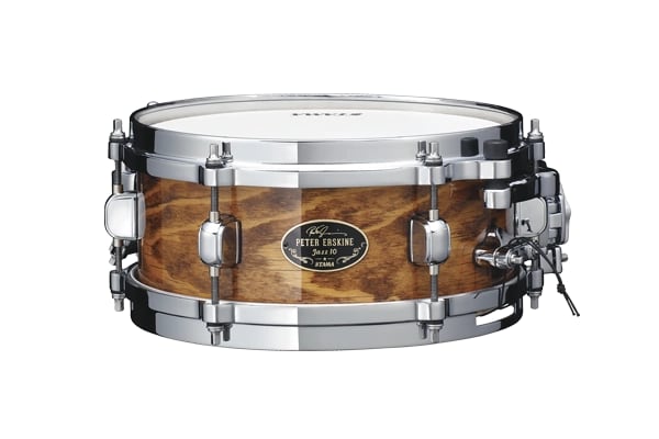 The Tama Peter Erskine Jazz 10 signature snare, a 10 by 4.5 inch drum with a natural spruce shell and chrome die-cast hoops
