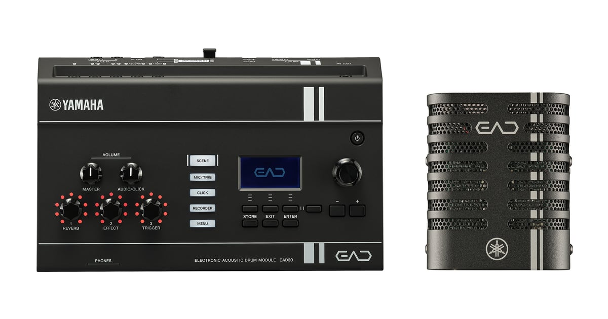 The Yamaha EAD20 module and its stereo sensor unit side by side, the module front panel marked Electronic Acoustic Drum Module EAD20