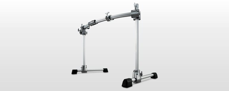 A Yamaha Hexrack II rack system: two upright legs supporting a curved horizontal bar with mounting clamps