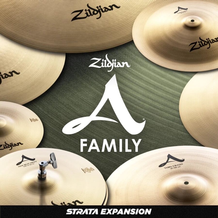 Artwork for the Zildjian A Family Strata Expansion pack, showing A Custom crashes, New Beat hi-hats and a ride around the A Family logo