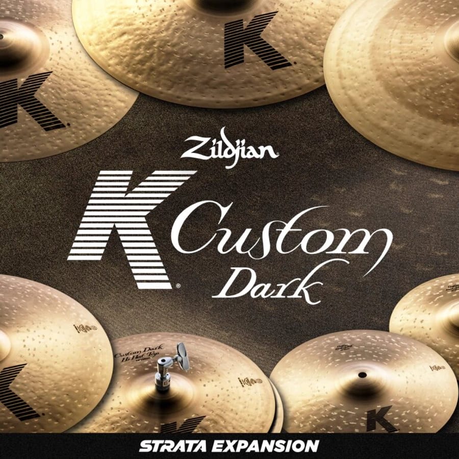 Artwork for the Zildjian K Custom Dark Strata Expansion pack, showing heavily hammered K Custom Dark crashes and hi-hats around the series logo