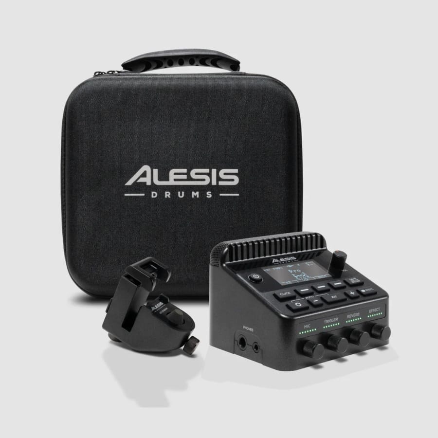 The Alesis KitStream unit and a black hoop clamp in front of a black Alesis Drums carry case