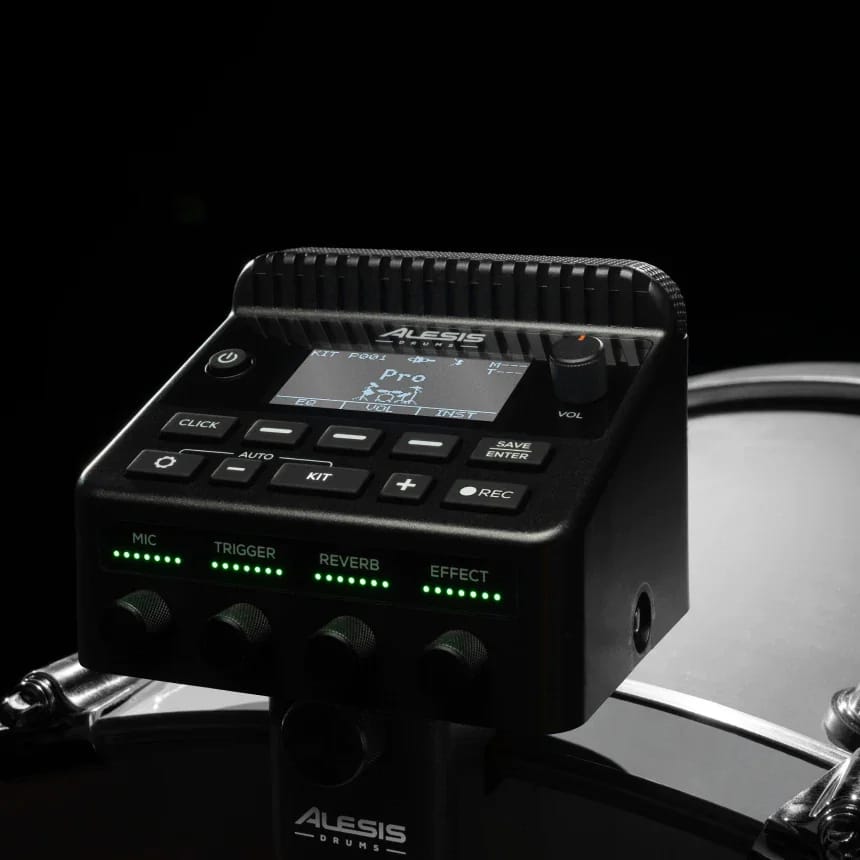 Close-up of the Alesis KitStream control panel, with Click, Kit and Rec buttons, a volume knob and four knobs labelled Mic, Trigger, Reverb and Effect with green LED meters