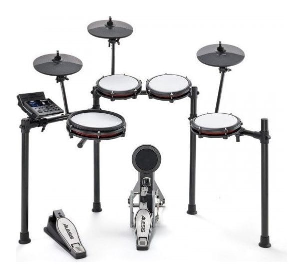 The Alesis Nitro Max electronic drum kit: mesh pads on a black rack, three cymbal pads, the module, a kick tower and pedal