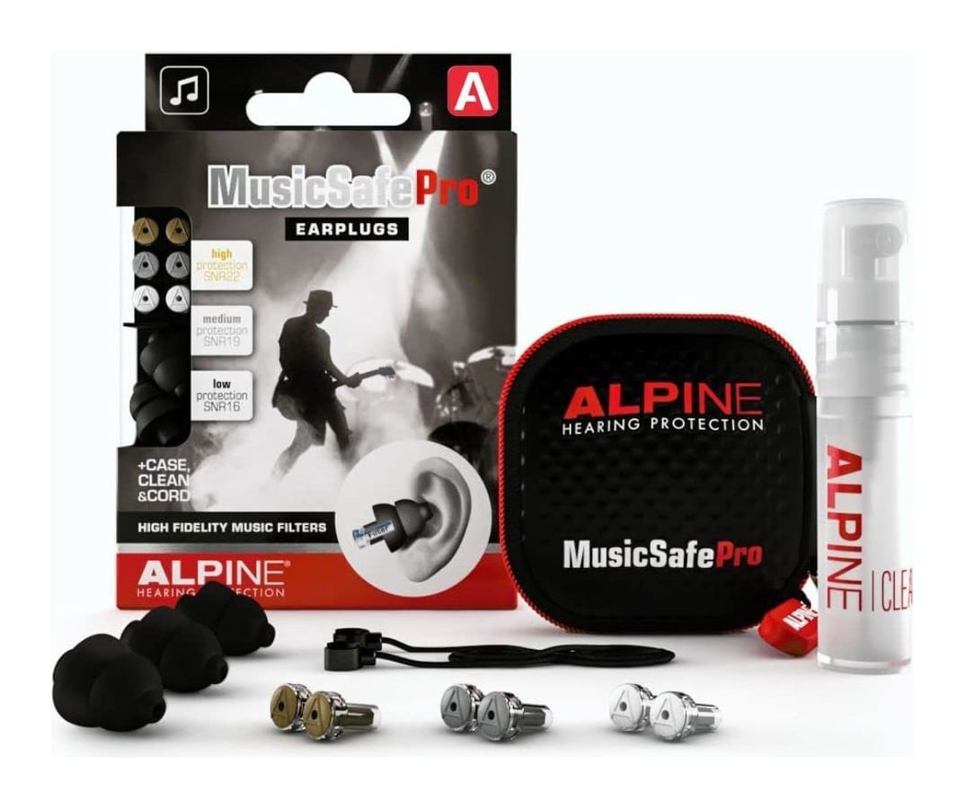 The Alpine MusicSafe Pro earplug set: the box, two black silicone plugs, three pairs of interchangeable filters, a case, a cord and a cleaning spray