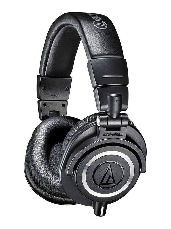 A pair of black Audio-Technica ATH-M50x closed-back studio headphones