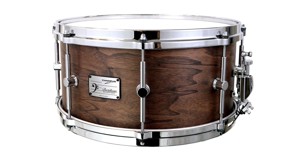 Canopus BA-1470 Baritone snare drum with a dark Black Walnut Oil finish, chrome lugs and die-cast hoops