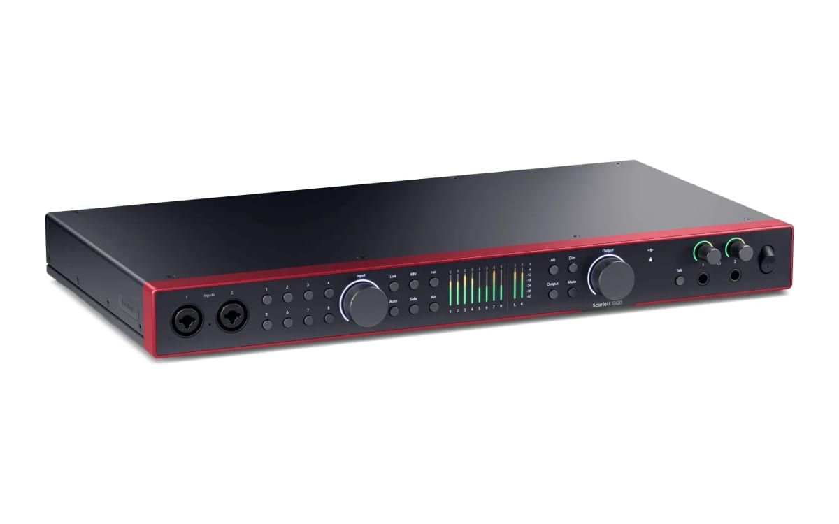 A Focusrite Scarlett 18i20 audio interface, a black rack unit with a red front panel, eight input channels and meters