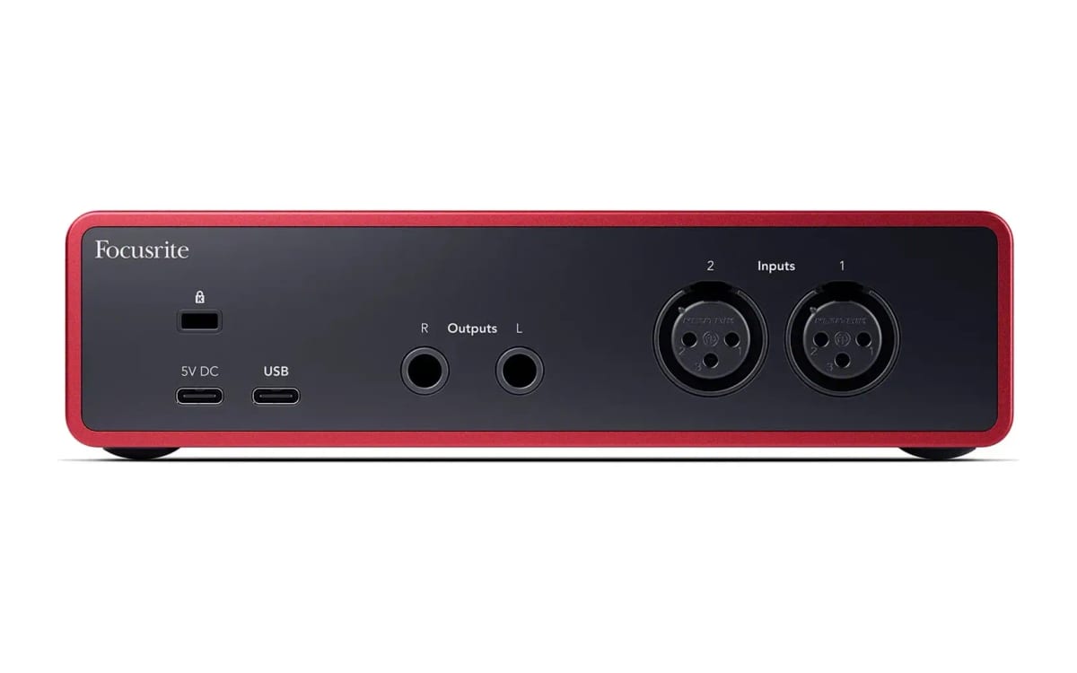 The rear panel of a Focusrite Scarlett 2i2: two XLR inputs, two line outputs, a USB-C socket and a power socket