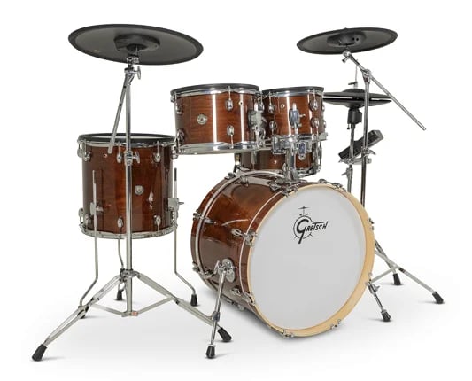 Gretsch Catalina EVO F405 five-piece electronic drum kit in Walnut Glaze, with full-size shells, a white Gretsch bass drum head and black cymbal pads