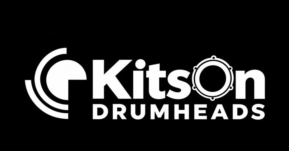 The new Kitson Drumheads logo in white on black, with the O drawn as a drumhead with tension lugs