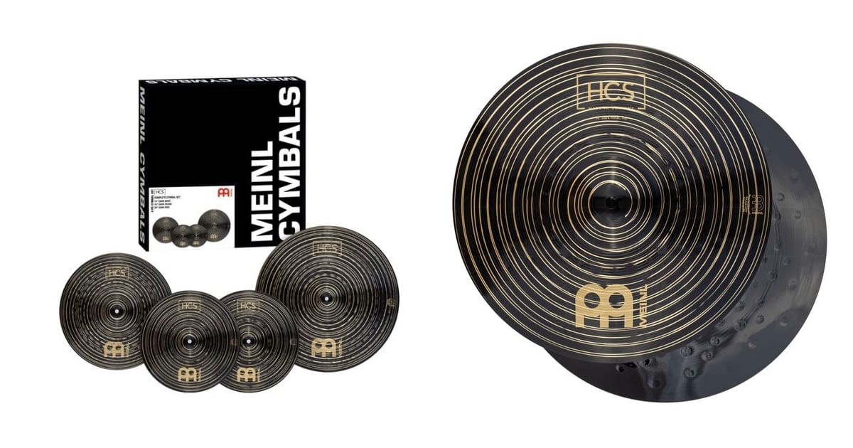 The Meinl HCS Dark Complete Cymbal Set with its black box, next to a close-up of the 14-inch HCS Dark hi-hats with gold lathing lines and logos