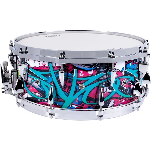 Side view of the OCDP John Otto signature snare, showing the graffiti wrap, air vents and chrome sharktooth lugs