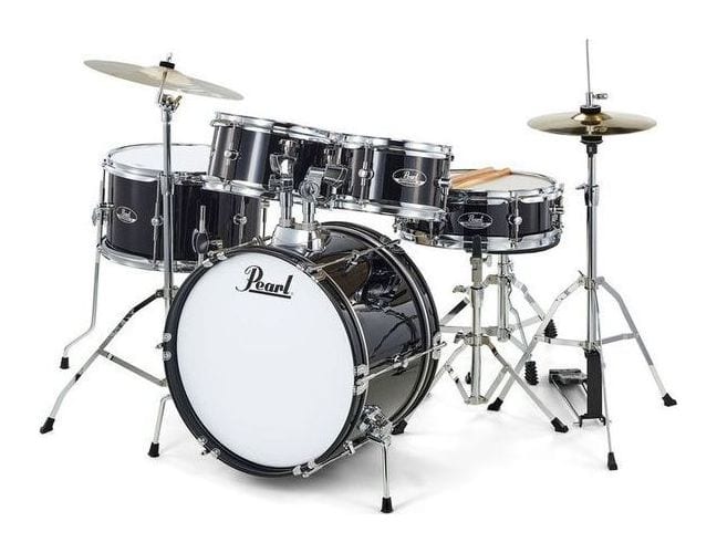 The Pearl Roadshow Jr junior drum kit in black: a small bass drum, two rack toms, a floor tom, a snare, hi-hats and a crash-ride on stands