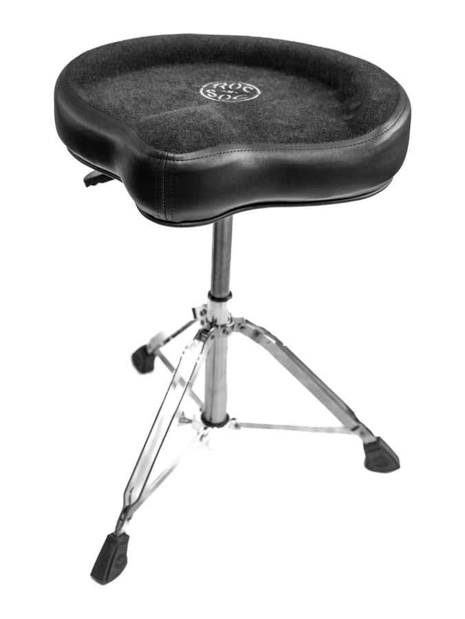 A Roc-N-Soc Nitro drum throne with a black saddle seat, gas-lift post and double-braced tripod base