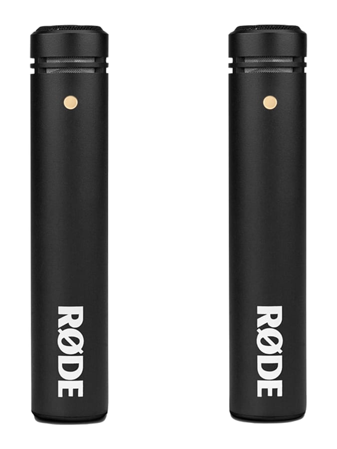 A matched pair of black Rode M5 small-diaphragm condenser microphones