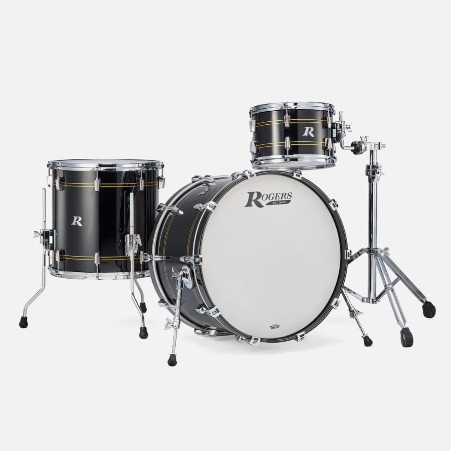 A three-piece Rogers R-Series kit in gloss black with twin gold pinstripes: rack tom, floor tom and bass drum