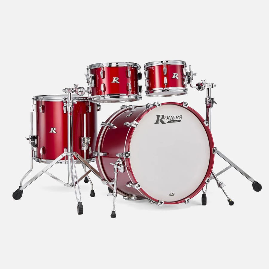 A four-piece Rogers R-Series kit in gloss red lacquer, with a red bass drum hoop and chrome hardware