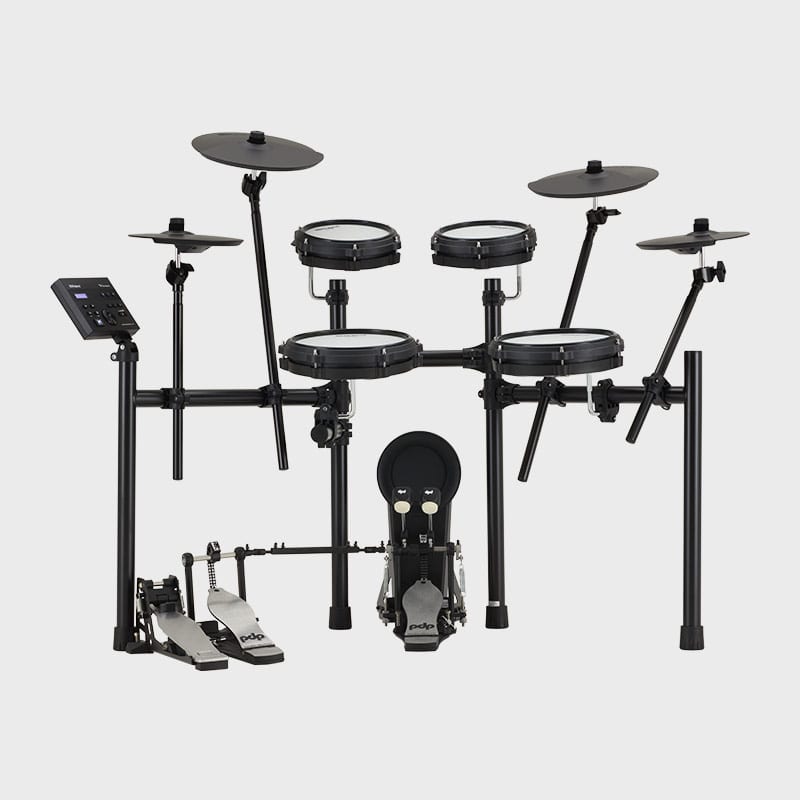 Roland TD-07KV2 electronic drum kit on its four-post rack, with the TD-07 module on the left, four mesh pads, hi-hat, two crashes and a ride