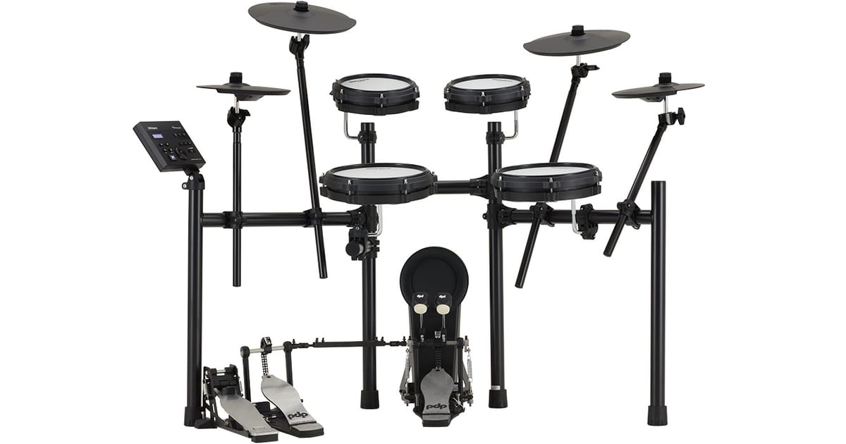 Roland TD-07KV2 V-Drums kit with four mesh pads, two crashes, a ride, hi-hat and KD-10 kick pad with a double pedal