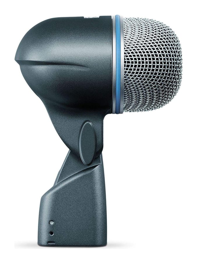 A Shure Beta 52A kick drum microphone on its integrated stand mount, seen from the side
