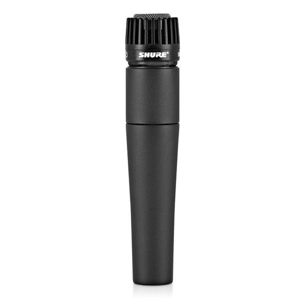 A Shure SM57 dynamic microphone, black, standing upright