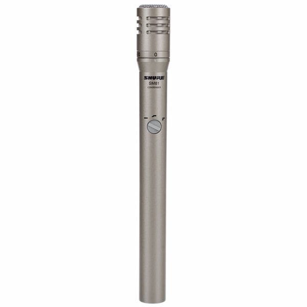 A Shure SM81 small-diaphragm condenser microphone, a slim champagne-coloured pencil mic