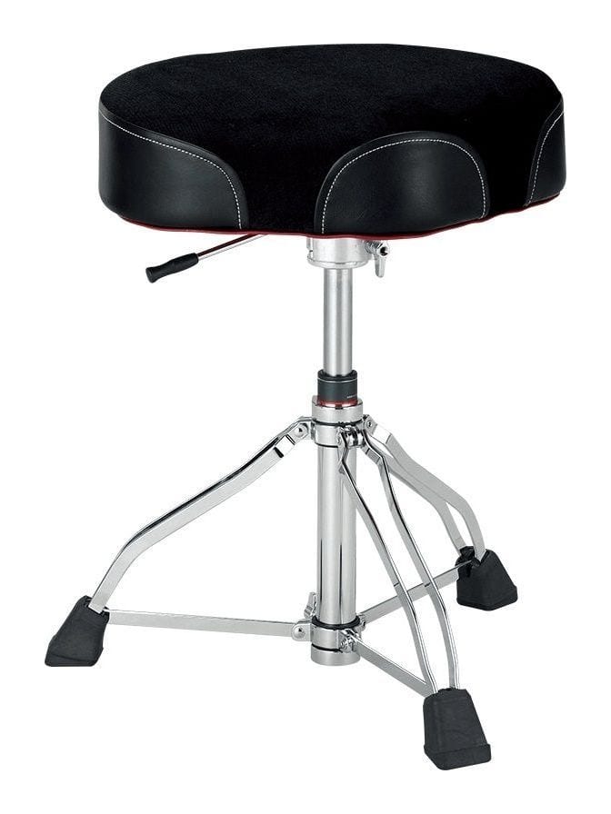 The Tama 1st Chair Ergo-Rider drum throne with a black cloth saddle seat, a hydraulic lever and a double-braced chrome base