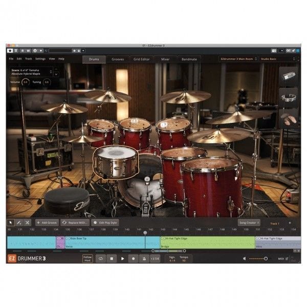 The EZdrummer 3 interface showing a red drum kit in a studio room, with the grooves, grid editor and mixer tabs above and a song track below