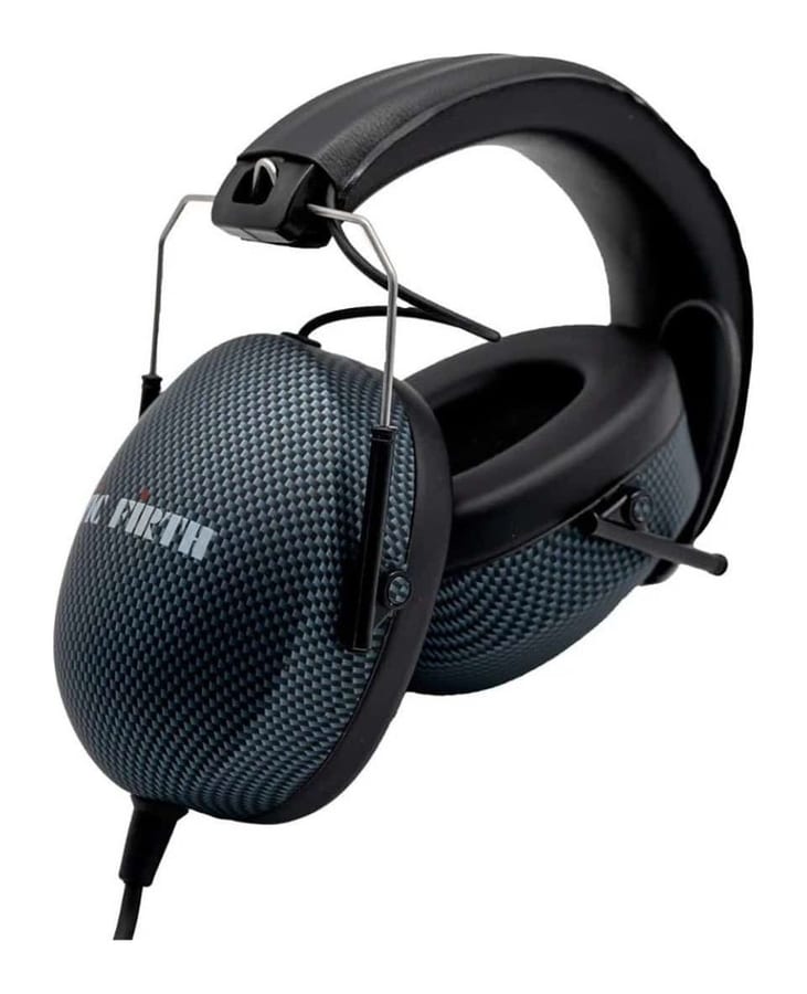 A pair of Vic Firth SIH2 isolation headphones with carbon-pattern ear cups and a padded headband