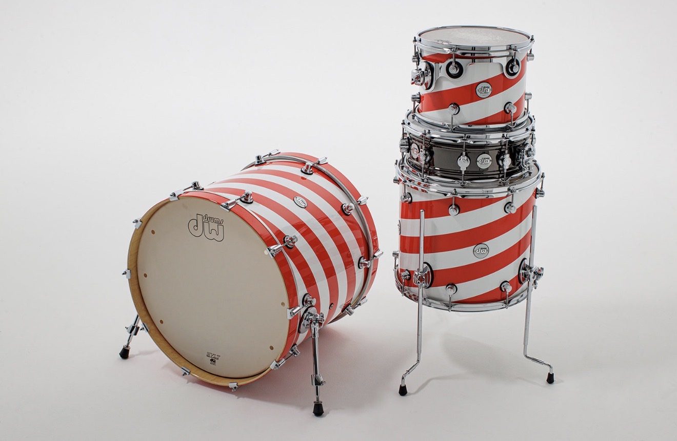 Travis Barker's DW red and white striped candy-cane drum kit from the EDGING video