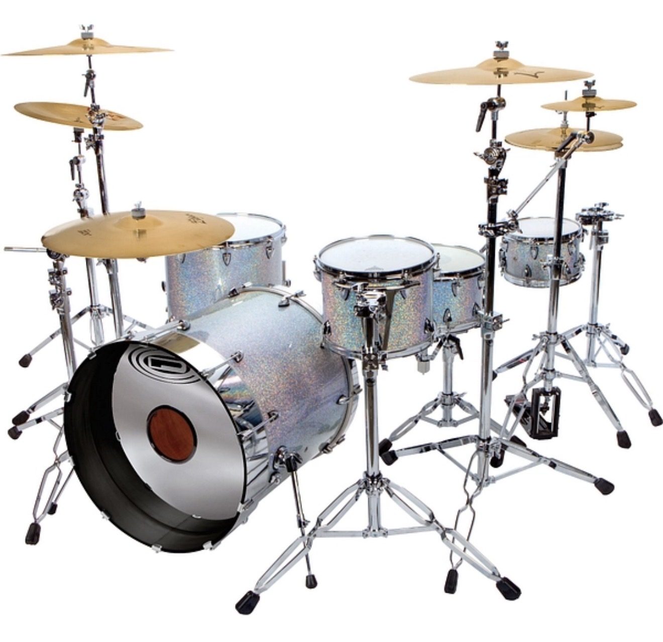 Travis Barker's OCDP glass glitter drum kit — kick, one rack tom, two floor toms and cymbals set low and flat